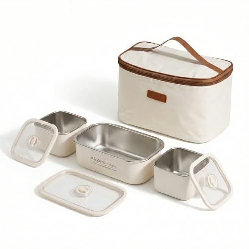 Image of YELONA Insulated Stainless Steel Bento Lunch Box Set with Thermal Bag - Leak-Proof, Microwavable & Hot Water Warming - 2750ml (3 Containers), Cream