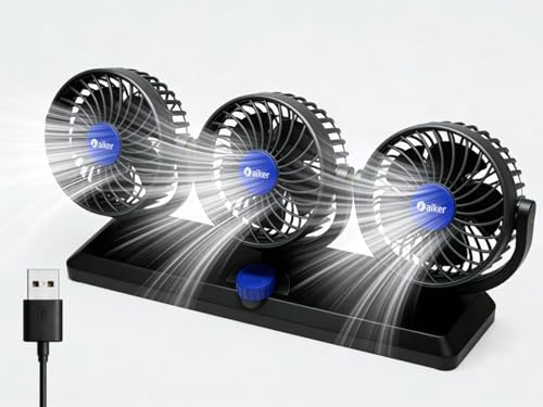 Ventilador Automotivo Triplo USB, 360 Graus Rotação Ajustável, 3 Ventiladores, Preto e Azul, 5V 11.5W, Cabo 1.8m, para Carro e Caminhão