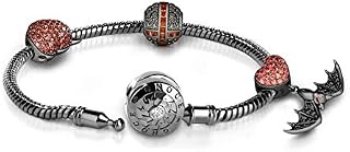 GNOCE Black Charms Bracelet Sterling Silver Snake Chain Basic Charm Bracelet with Three Unique Black Skull Charm Beads Halloween Jewellery Bangle with Clasp