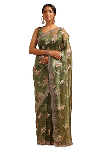 Image of Soch Womens Organza Floral Saree With Stone Work