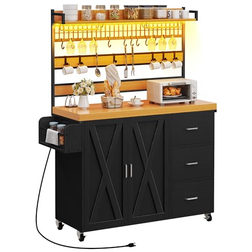 YITAHOME Bakers Rack with Power Outlet and LED Light, 53 Inch Microwave Stand with Storage Cabinet Thickened Counter, Farmhouse Coffee Bar Cabinet on Wheels Tall Shelf for Spices, Cups, Pots