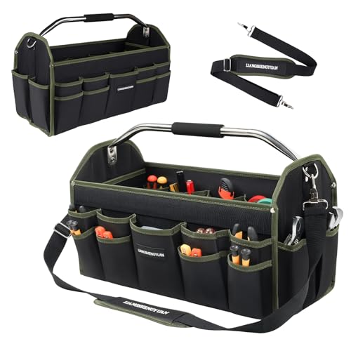 16 In Electrician Tool Bag, Foldable Bags For Men Heavy Duty, Open Top Tool Tote, 30 Pockets Can Hold Many fittings, Organizer Stainless Steel Handle and Removable Shoulder Strap