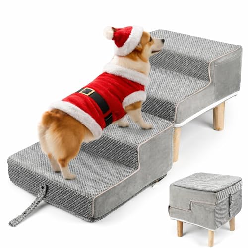 Hdnbsp Dog Ramp Ottoman, 2-in-1 Dog Stairs for Couch and Low Bed, Foldable Solid Wood Pet Steps for Small, Medium, Senior Dogs & Old Cats - Couch Height, Washable Cover, Storage Pocket, 135lb Capa...