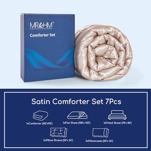 MR&HM Satin Comforter King 7 Pieces - Luxurious Pinch Pleat Bedding Set with Comforter, Flat Sheet, Fitted Sheet, Pillowcases & Shams, Super Silky Soft Bed Set for All Season (King, Champagne)