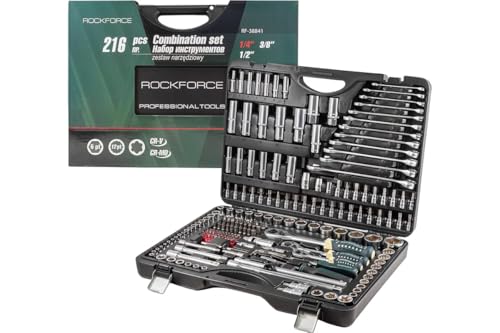 Image of Rockforce 216+6 Pcs CR-V Socket Set | 1 /4 inch, 3 /8 inch, 1 /2 inch Drive Ratchet Wrench Tool Kit | Heavy-Duty Mechanic Set for Car, Bike & Home Repair | With Carrying Case