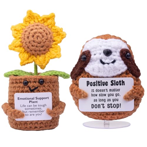 CoFuBcad Funny Positive Crochet Sloth Sunflower Doll with Positive Card Knitted Sunflower Emotional Support Plush Funny Encouragement Gifts for Women Men Gifts Party Decor