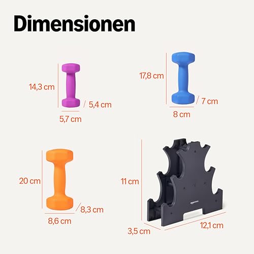 Amazon Basics Hantel-Set mit Neoprenbeschichtung, mit Hantelständer, 3 Stück (1 kg, 2 kg, 3 kg), Mehrfarbig