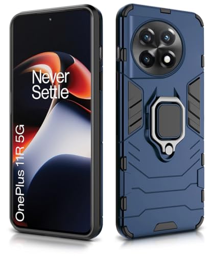 Image of WOW IMAGINE Shock Proof Back Case Mobile Cover for 1+ OnePlus 11R 5G | Back Cover Case (Tough Armor | Hybrid PC + TPU | Ring Holder & in-Built Kickstand | Blue)