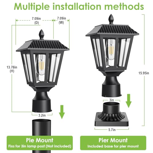 Solar Lamp Post Light Outdoor - 3000K Warm White, IP45 Waterproof Post Solar Lights Outdoor with Pier Mount Base, Solar Post Lights for Garden Yard Landscape Pole Pillar, Outside Decorative Lamp(2PK)