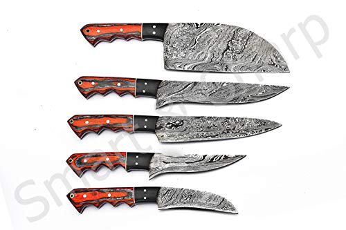 Custom Handmade Damascus Chef Knives Set/Kitchen Knives 5 Pieces Set Ss-17211 Professional Utility Chef Kitchen Knives (Orange And Black Color Wood) #TOP2