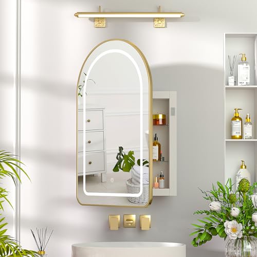 Mepplzian Recessed Medicine Cabinet with Lights Brushed Gold Arched Medicine Cabinet with Mirror for Bathroom 3-Color Lighted Mirrored Cabinet Wall Mounted Bathroom Vanity Mirror with Storage 20x31