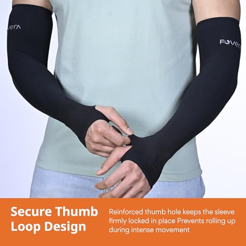 Image of FOVERA UV Sun Protection Arm Sleeves with Thumb Loop for Men & Women - UPF 50+ Cooling Hand Cover for Biking, Cricket, Driving & Cycling - Tan Protection Guard