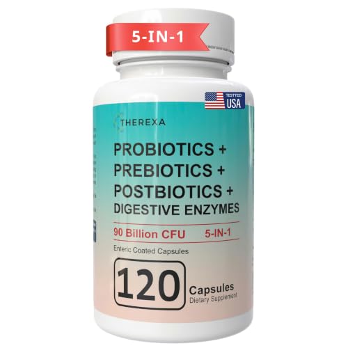 THEREXA Probiotic Prebiotic Postbiotic Supplement - 90 Billion CFU, 5-in-1 Synbiotic with Digestive Enzymes for Women Men, Organic Prebiotic Fiber, Enteric Coated Capsules, 120 Day Supply