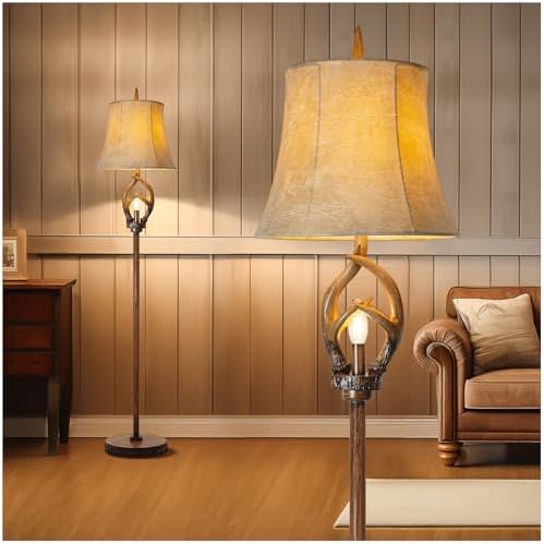 Scenekoy Farmhouse Antlers Floor Lamp with Night Light, Faux Leather Shade