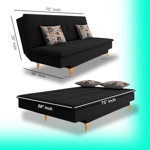 Image of Rosebell Premium New Aspen 3 Seater Sofa Cum Bed 4X6 Velvet Suede with 2 Cushions and Suitable for All Indoor-Black Color