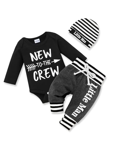 KISSB Baby Boy Clothes 0-3 Months Newborn Boy Outfits New The Crew Letter Print Romper Pants+Hat 3PCS Kid Fall Winter Baby Boy Outfits Set Black