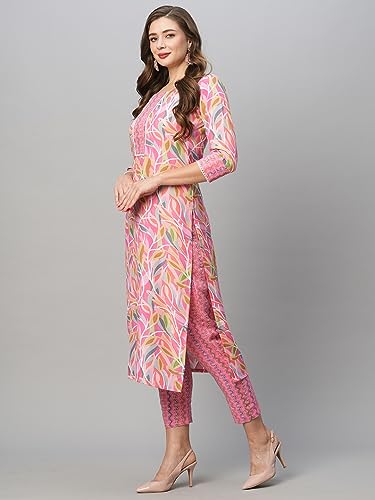 GoSriKi Women's Cotton Blend Floral Straight Kurta with Pant
