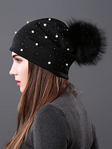 Womens Slouchy Beanie Hat With Real Raccoon Fur Ball Pompom Cotton Pearls Winter Fall Hat #TOP1