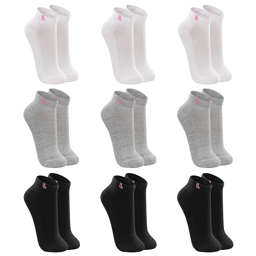 LUPO Kit 9 Meia Cano Baixo Curto Esportiva Algodão Punho Soft Feminina Adulto, 3 Brancas - 3 Cinzas