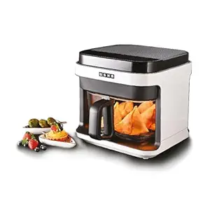 Usha iChef Smart Air Fryer 5.5L | 1200 Watt | 10 in 1 Functions | 8 Preset Menu | Turbo Air Circulation |360 View | Illuminated chamber | Oil Free Cooking | Digital display With Touch Panel (White)