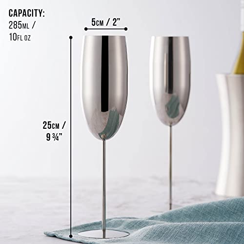 Oak & Steel - 4 Elegant Stainless Steel Champagne Flutes Glasses with Gift Box