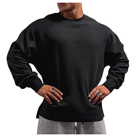 Muscle Alive Hombres Básico Manga Larga Gofre Sudaderas Camisa de Entrenamiento Ajuste Holgado Ejercicio Pull-Over Camisa de Cuello Redondo Negro S