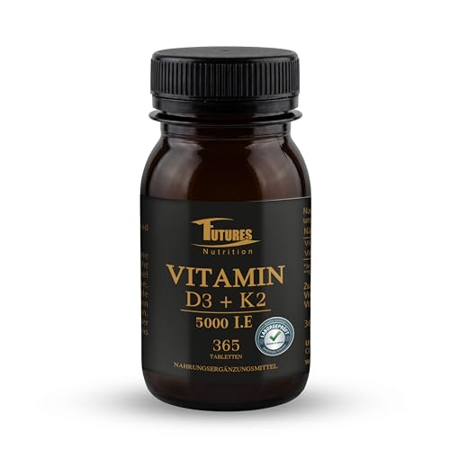 FUTURES NUTRITION 5000 I.E Vitamin D3 K2 Hochdosiert | Vegan | Beste Bioverfügbarkeit mit 99 7+% All-Trans Anteil | Nur 1 Tablette alle 5 Tage | Laborgeprüfte Reinheit | 365 Tabletten