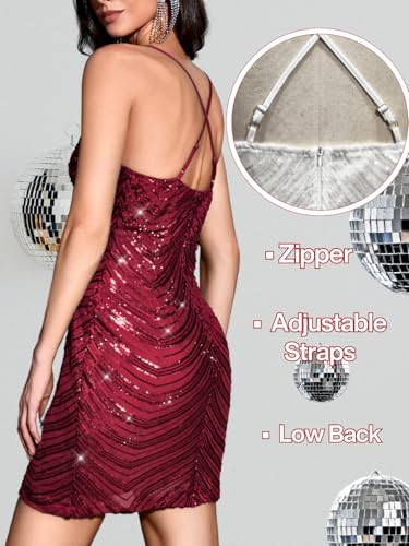 Image of Kaei&Shi Sequin Mini Dress,V Neck Spaghetti Strap Sparkly Prom Dresses for Women,Sexy Birthday Outfit HOCO Cocktail Nye Party