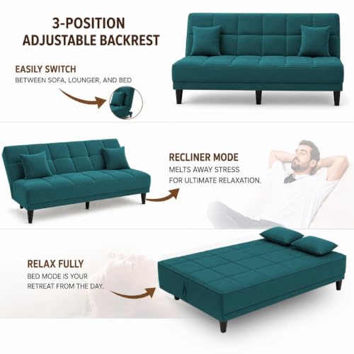 Image of Adorn India Alyssum 3 Seater Sofa Cum Bed 4X6 Velvet 2 Cushions (Color Aqua Blue) and Suitable for All Indoor, with 3 Years Warranty