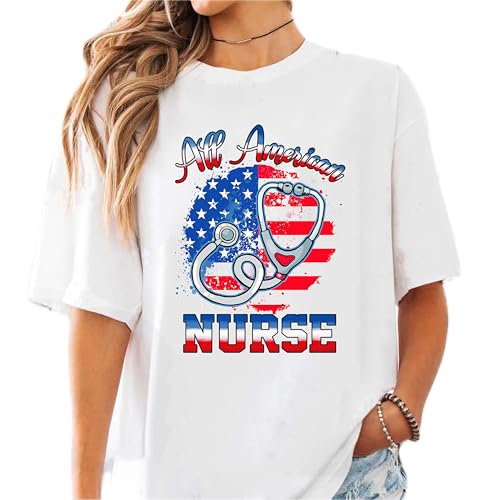 POZITEES All American Nurse Shirt, Patriotic USA Flag Stethoscope Tee, 4th of July Independence Day Women Top, Nursing Student Graphic Apparel