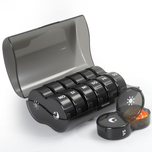 JANUIXCO Tablettenbox 7 Tage Morgens Abends - Pillendose 7 Tage 2 Fächer, Frei von BPA - Medikamentenbox 14 Fächer Einfach zu Öffnen, für Unterwegs(Schwarz)