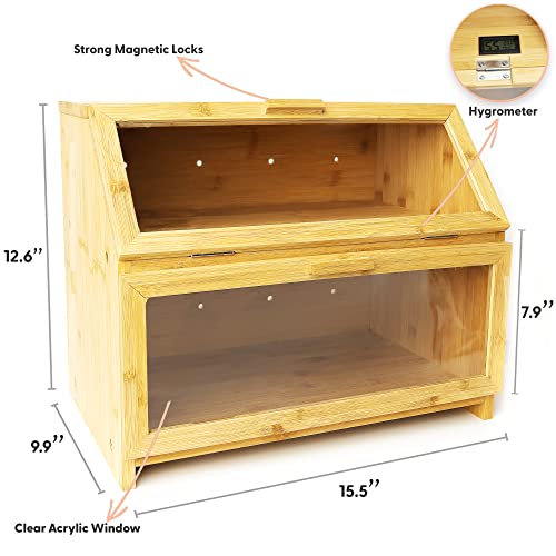 Goodscious Extra Large Farmhouse Bread Box For Kitchen Countertop, Bamboo 2 Layer Bread Box, Bread Holder For Kitchen Counter, Homemade Bread Storage Box With Clear Windows & Humidity Meter #TOP2