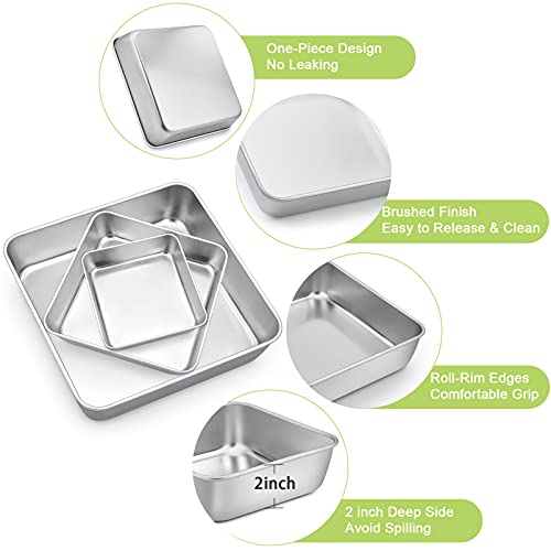 Teamfar Square Cake Pan, 6/8 / 9 Inch Stainless Steel Square Baking Pan For Cake Brownie Lasagna, Non-Toxic & Heavy Duty, One Piece Design & Deep Wall, Smooth & Dishwasher Safe – Set Of 3 #TOP4