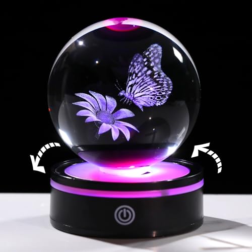 Arikyrist 8cm/3.15in. 3D Crystal Ball Butterfly with Flower with Rotatable Light Base, Butterfly Presents for Women Girlfriend Birthday Paperweight Home Ornaments