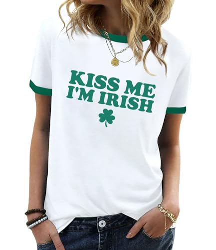 YZMI Women Kiss Me I'm Irish Shirt Funny St Patricks Day Tshirt Ringer Ireland Culture Proud Outfits C-White M