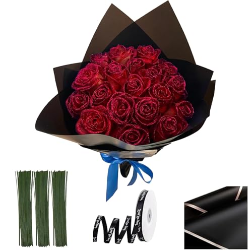 20pcs Bouquet de roses scintillants, 9,5 pouces Bouquet de fleurs brillantes brillantes, fausses roses bricolage avec tige, rubans d'emballage et papier d'emballage pour l'anniversaire, engageme