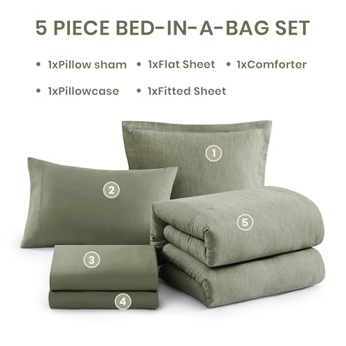 Monbix Twin XL Comforter Set Sage Green, Cationic Dyeing Bedding Set Reversible 5 Pieces, All Season Bed in a Bag with Comforter, Sheets, Pillowcase & Sham by Monbix - Image 7