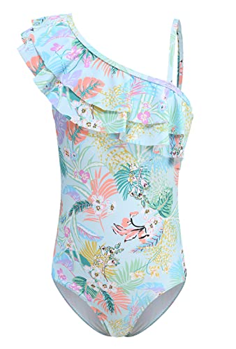 Image of Girls One Piece Swimsuits One Shoulder Ruffle Bathing Suit Kids Hawaiian Floral Swimwear 3-16 Years