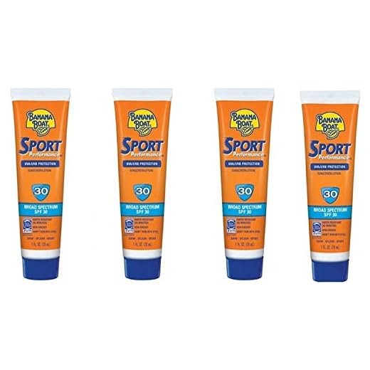 Banana Boat Sunscreen Sport Performance Broad Spectrum Sun Care Sunscreen Lotion - SPF 30 1 Oz Travel Size (Pack of 4)
