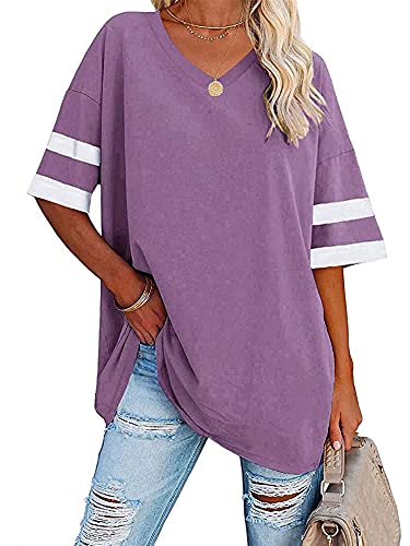 T-shirt d'été décontracté col en V manches courtes femme violet XXL casual
