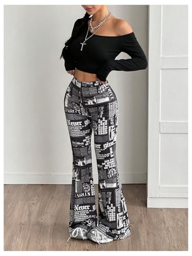 WDIRARA Women's Newspaper Print Flared Pants Elastic Waist Bell Bottom Trousers4