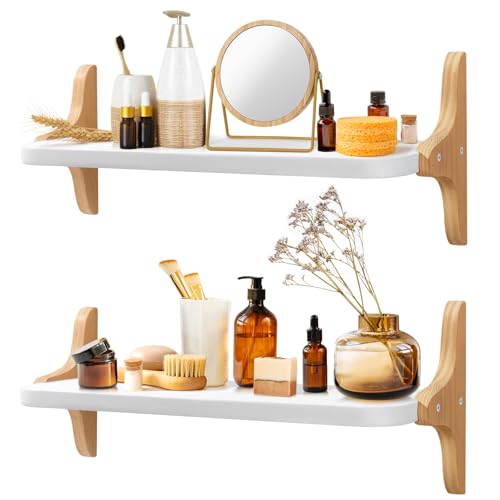 omedecal Etagere Murale, Étagère Murale Cuisine Salle de Bain Bois de Pin 60cm Lot de 2, Idéales pour Salon, Chambre à Coucher, Chambre - Blanc & Naturel