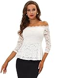 Allegra K Elegant Lace Blouse for Women's Semi Sheer 3/4 Sleeve Off Shoulder Peplum Top X-Small White