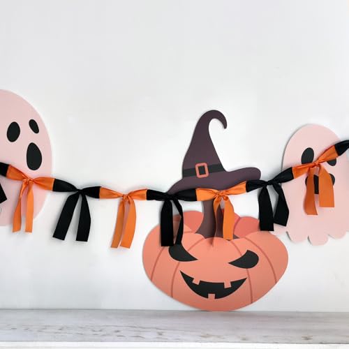 Image of Halloween Stain Bow Garland | 6ft Linking Knot Bow Banner with 3ft Extend Ribbon for Halloween Party Vibes Wreath & Spooky Boo Decor (Orange & Black, 6ft)