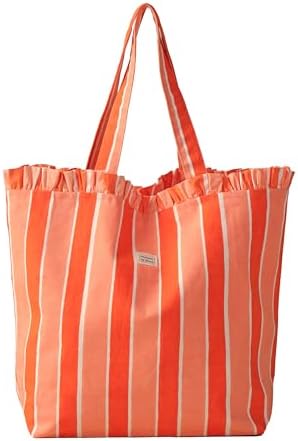 Hand Block-Printed Stripe Tote Bag with Ruffle Edges – Canvas Sho...