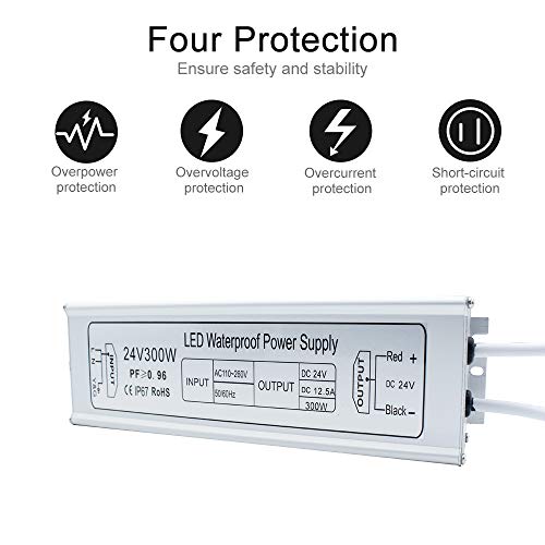 Inshareplus Led Driver, 300W Ip67 Waterproof Outdoor Power Supply, Ac 110-260V To Dc 24V 12.5A Low Voltage Transformer, Adapter With 3-Prong Plug For Led Light, Computer Project, Outdoor Use #TOP1