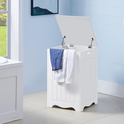 Costoffs Laundry Bin Basket, Wooden Bathroom Organizer Hamper with Lid for Bathroom Laundry Room, White, 40 x 40 x 61cm - Image 4