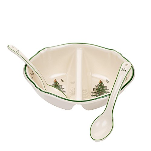 Spode Christmas Tree Divided Serving Dish with 2-Spoons