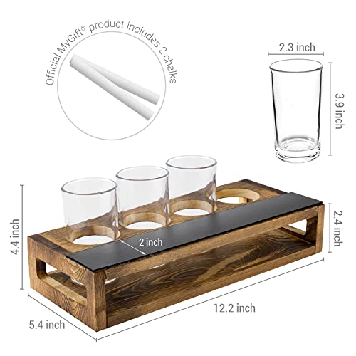 Mygift Rustic Dark Brown Burnt Solid Wood Sampler Tray Beer Flight Holder Serving Set With 4 Glasses And Erasable Chalkboard Label, Set Of 2 #TOP4