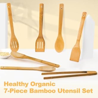 Eisinly Wooden Spoons for Cooking 7-Piece, Kitchen Nonstick Bamboo Cooking Utensils Set, Carbonized Bamboo Durability Spatula Spoon for Everyday Use